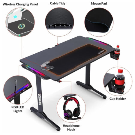 Olsen & Smith XTREME gaming desk with RGB LED lights, mouse pad and wireless charging panel, 110 x 60cm