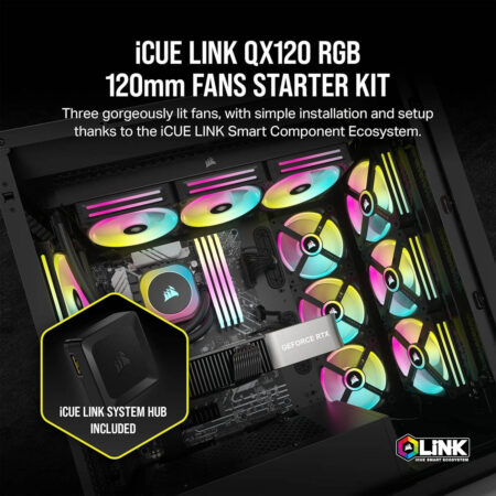 iCUE LINK QX120 RGB 120mm PWM PC Fans Starter Kit with iCUE LINK System Hub