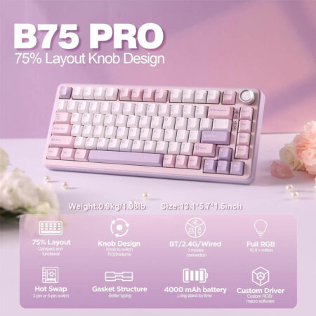 YUNZII B75 PRO Wireless Mechanical Gaming Keyboard - Pink