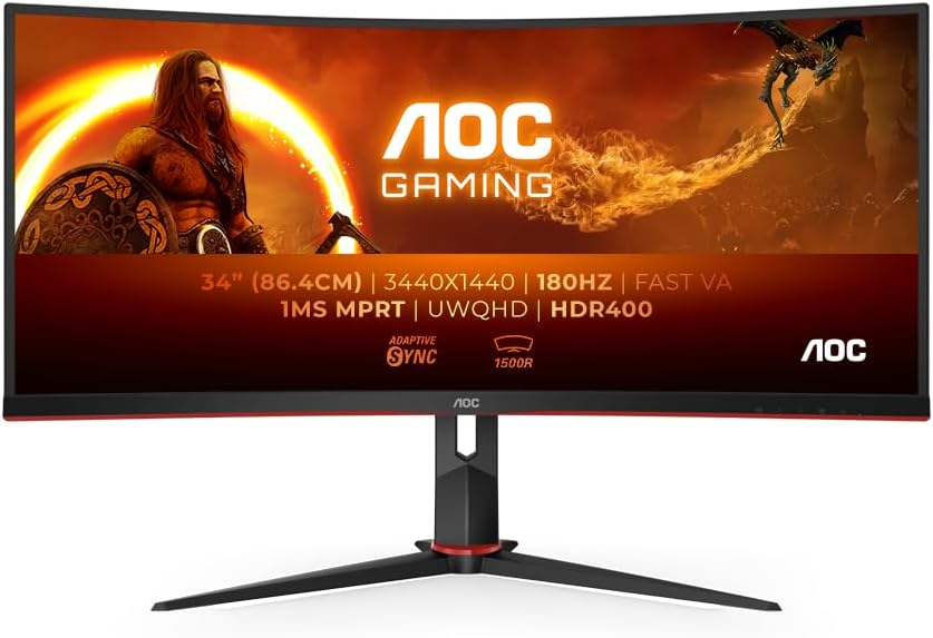 AOC Gaming CU34G2XP - 34 Inch WQHD Curved Monitor, VA, 180Hz, 1ms