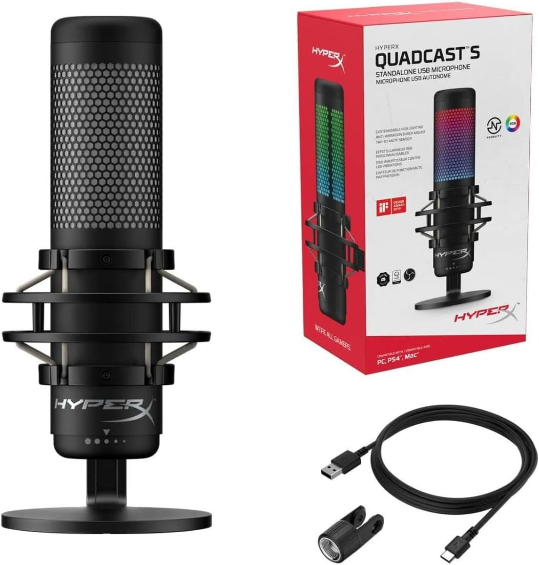 HyperX QuadCast S – RGB USB Condenser Microphone for PC, PS4 and Mac, Anti-Vibration Shock Mount, Pop Filter, Gaming, Streaming, Podcasts, Twitch, YouTube, Discord, Black