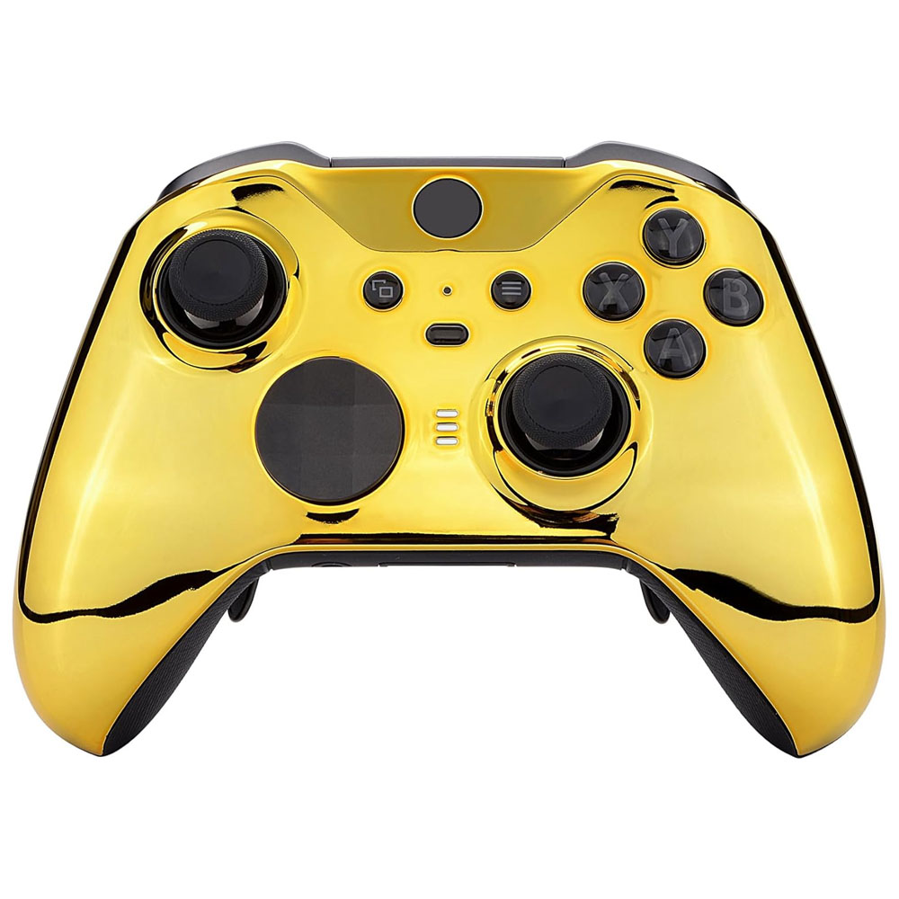 eXtremeRate Chrome Gold Edition Glossy Faceplate Cover, Front Housing Shell Case Replacement Kit for Xbox One Elite Series 2 Controller Model 1797 - Thumbstick Accent Rings Included