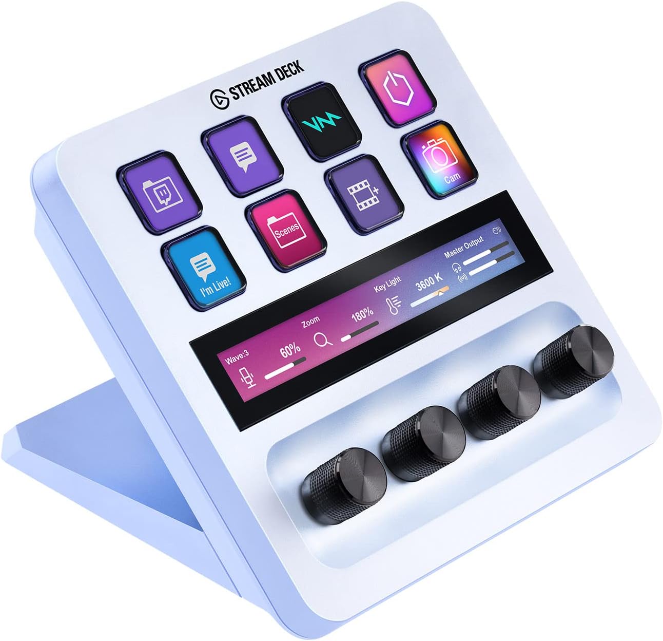 Elgato Stream Deck + White, audio mixer, live production and studio controller for content creators, streaming, gaming, with customizable touch bar, control knobs and LCD keys, for Mac and PC