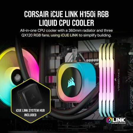 Corsair iCUE LINK H150i RGB Liquid CPU Cooler - 360mm AIO - QX120 RGB Fans - Black