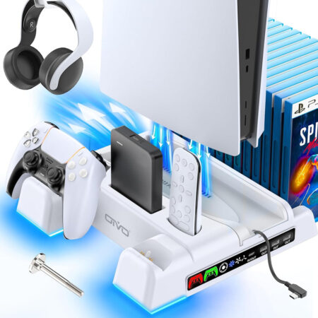 PS5 / PS5 Slim Stand and Cooling Station with Dual LED Controller Charging Station