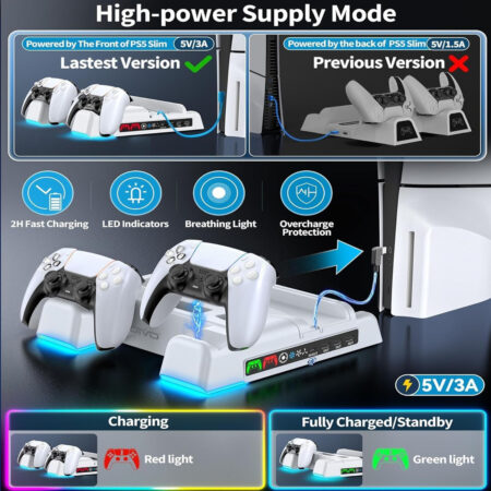 PS5 / PS5 Slim Stand and Cooling Station with Dual LED Controller Charging Station