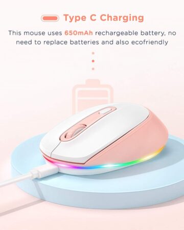 Seenda Silent RGB Backlit Wireless Mouse, Pink and White