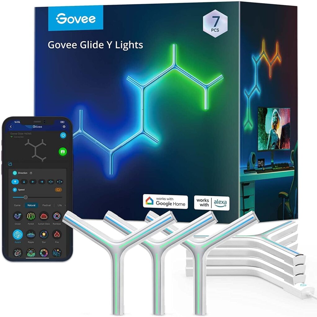 Govee Glide Y Lights, RGBIC LED Gaming Lights, Smart Home Creative Decor Lights with Music Sync & 40+ Sence Modes, Wi-Fi LED Wall Lights for Gaming Room, Living Room, Bedroom, 7 Pack