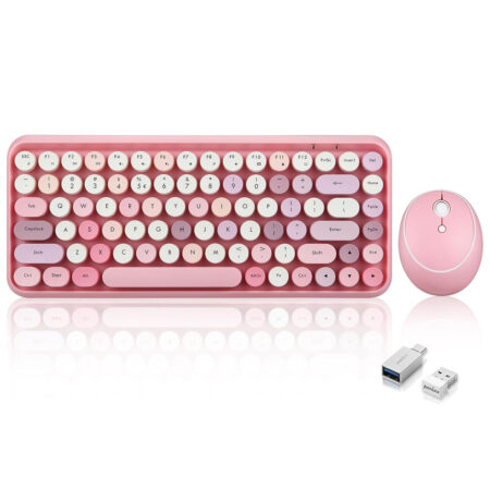 Perixx PERIDUO-713 75% Wireless Mini Keyboard and Mouse Combo, Retro Round Key Caps, Pastel Pink