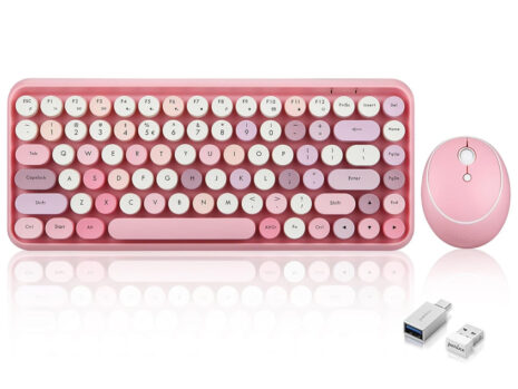 Perixx PERIDUO-713 75% Wireless Mini Keyboard and Mouse Combo, Retro Round Key Caps, Pastel Pink