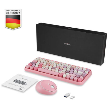 Perixx PERIDUO-713 75% Wireless Mini Keyboard and Mouse Combo, Retro Round Key Caps, Pastel Pink