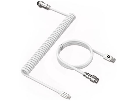 Coiled Keyboard Cable, USB-C to USB-A, With Detachable Metal Aviator Connector, White