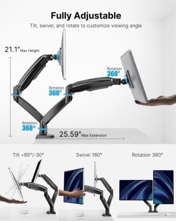 HUANUO Premium Dual Monitor Mount with USB, Height Adjustable for 13-40 inch Screens